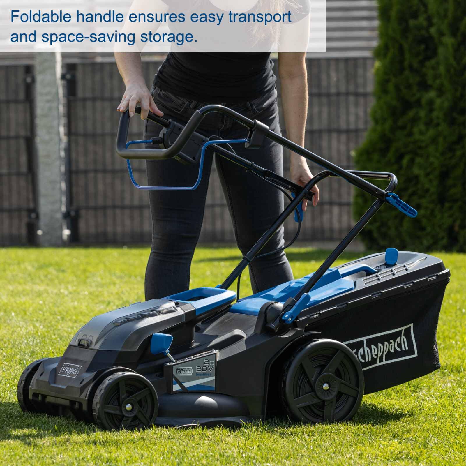 Scheppach BC-MP430-X Cordless Lawnmower with Battery and Charger | 43cm Cutting Width | 700m² Gardens | 50L Grass Bag | Inc. 2 x 20V 4Ah Battery + 2.4Ah Charger