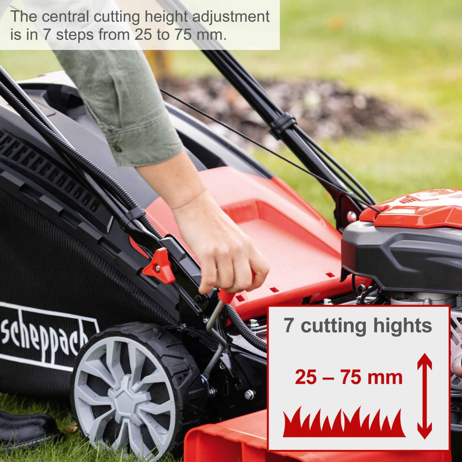 Scheppach MS225-56E Self-Propelled Petrol Lawnmower, 224cc 6HP, 56cm Cut, 25–75mm Height, 65L Bag, Electric Start, Mulching & Cleaning