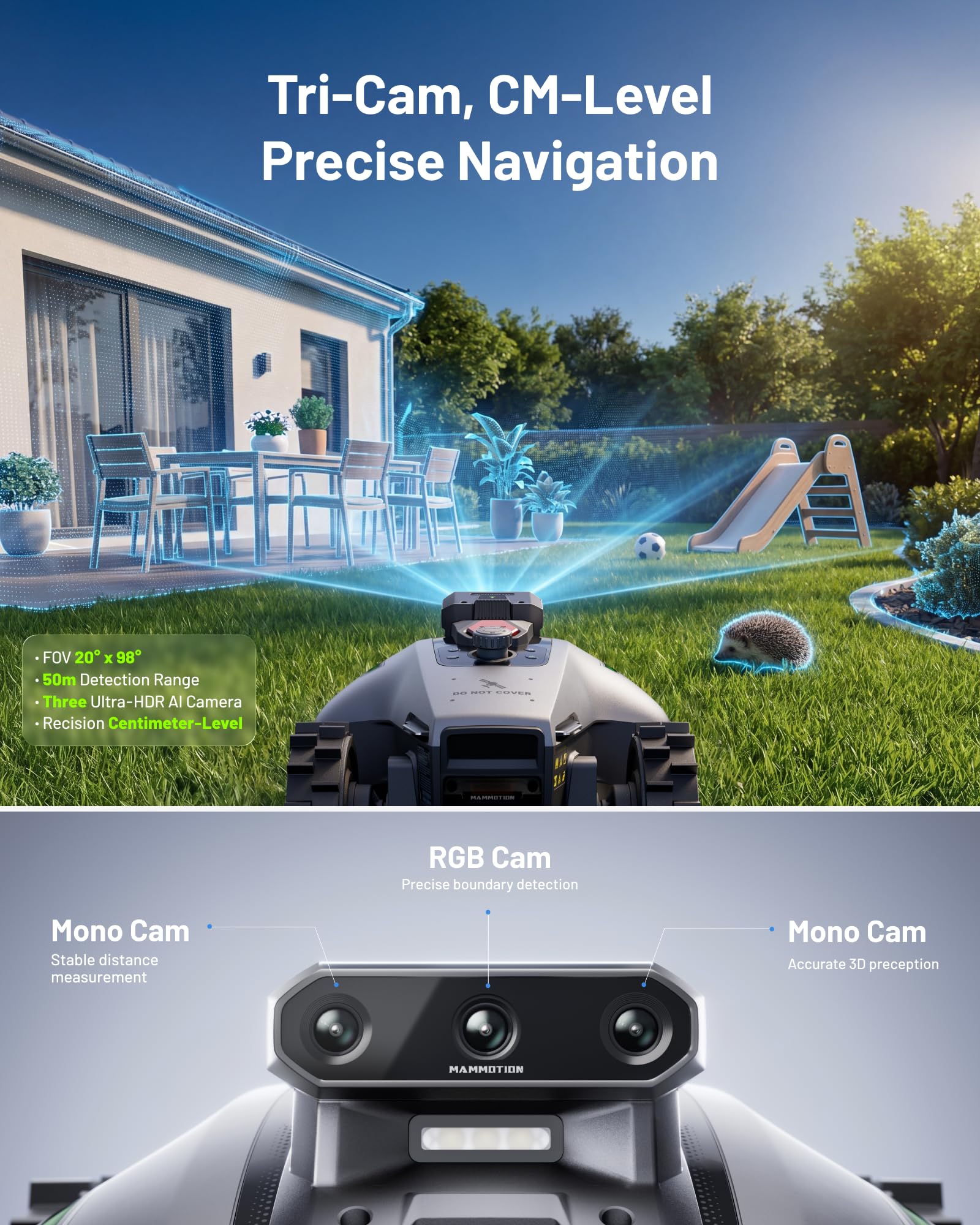 MAMMOTION YUKA mini 2 500 Robot Lawn Mower without Boundary, Recommended 500 ㎡, Tri-Cam AI Vision, NO RTK, No Signal Dropouts, Auto Multi-Zone Mapping, DropMow, 45% Slopes Cutting Heights 20-60mm