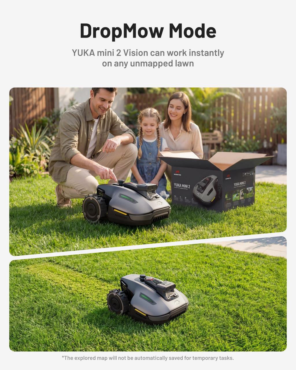 MAMMOTION YUKA mini 2 500 Robot Lawn Mower without Boundary, Recommended 500 ㎡, Tri-Cam AI Vision, NO RTK, No Signal Dropouts, Auto Multi-Zone Mapping, DropMow, 45% Slopes Cutting Heights 20-60mm