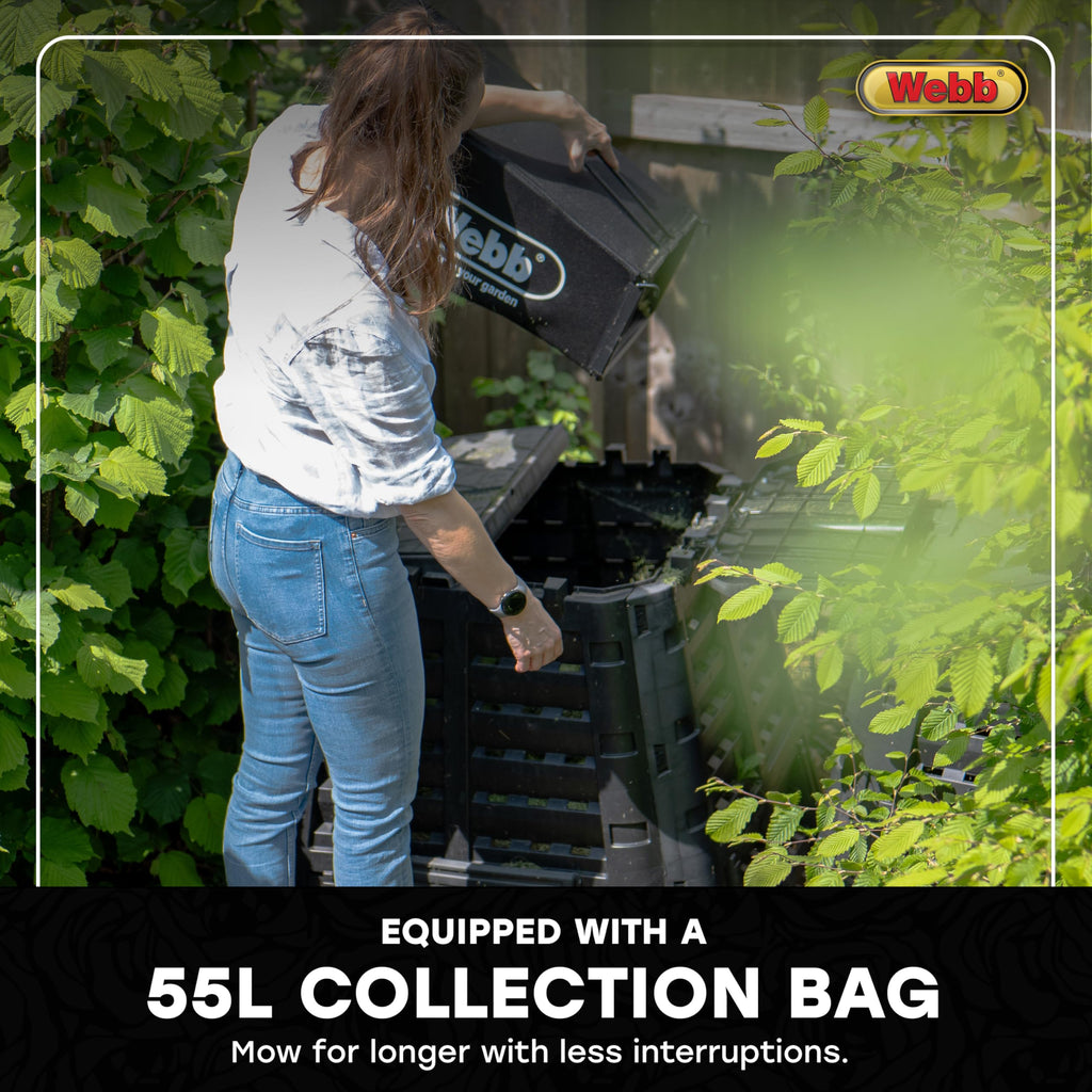 Webb WER460SP 18"/46cm Self-Propelled Rotary Petrol Lawn Mower, 141cc, 7 Cutting Heights, 55L Bag - 3 Year Guarantee (18")