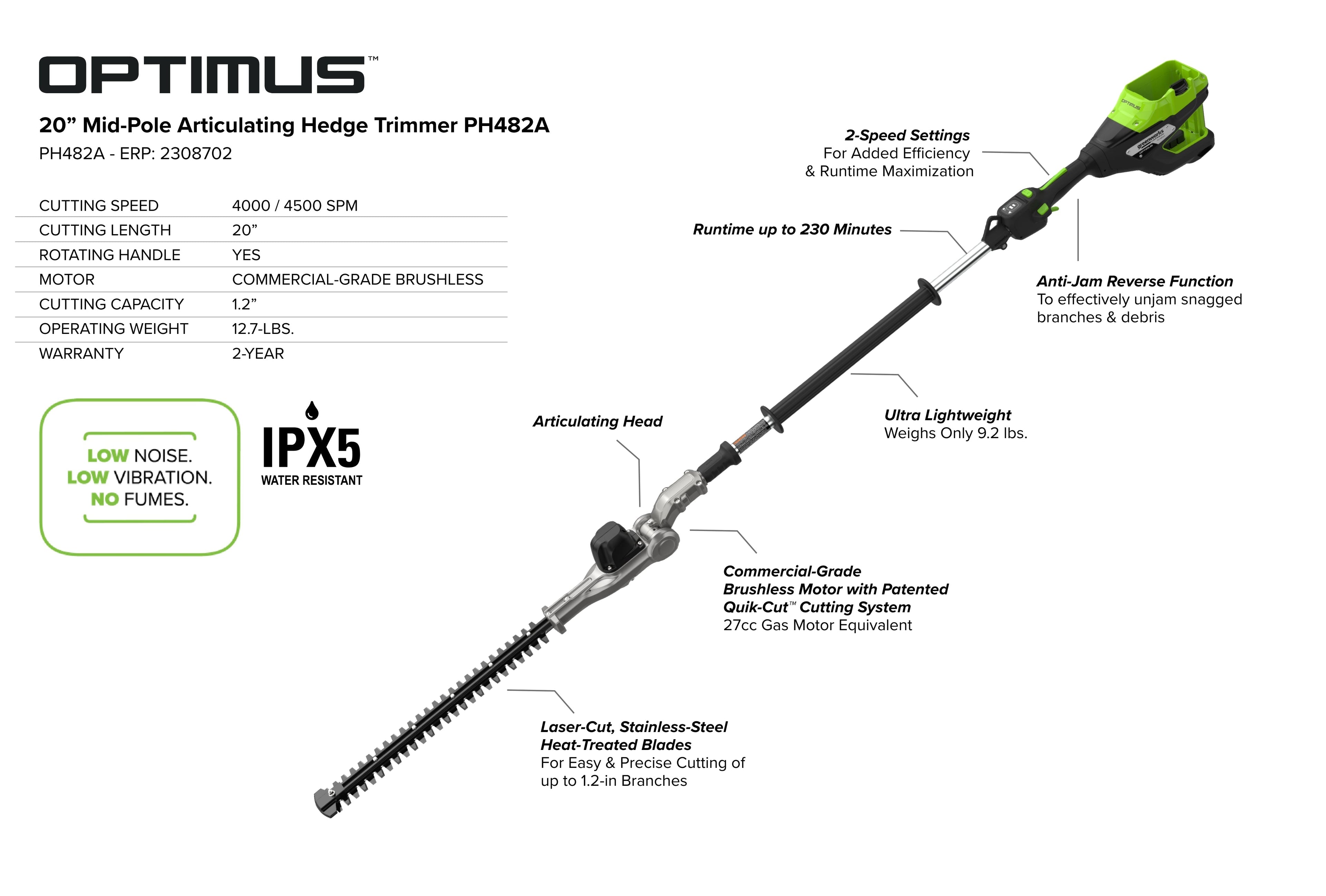 82V OPTIMUS 20" Mid-Pole Articulating Hedge Trimmer | PH482A