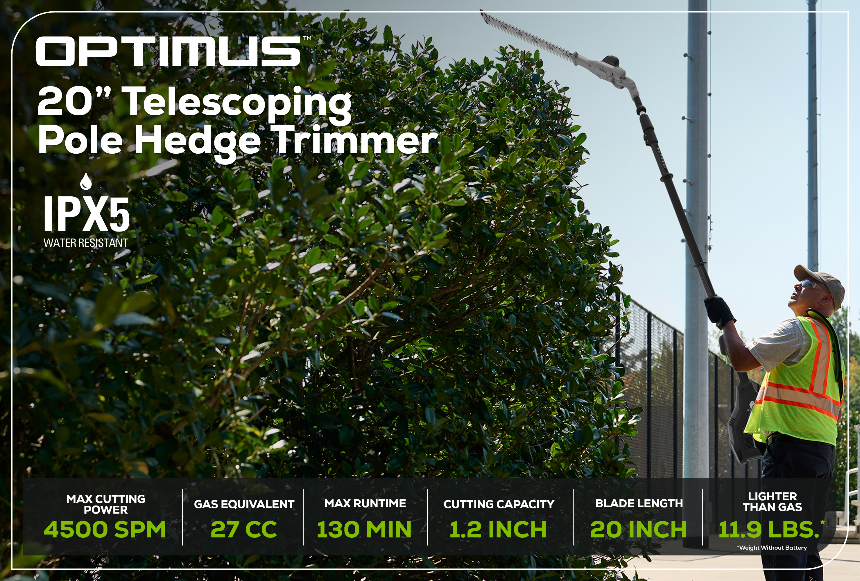82V OPTIMUS 20" Telescoping + Articulating Pole Hedge Trimmer | PH662T